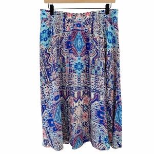 eci New York Midi Skirt Blue Multi Tribal Elastic Waist Pull On Women Size Large